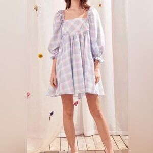 Storia Pastel Plaid Puff-Sleeve Dress - Lavender, Mint, Pink size Small
